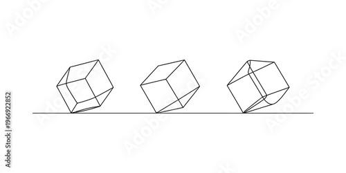 A minimalist black and white line art illustration showing three tilted cubes on a flat surface Vector, illustration
