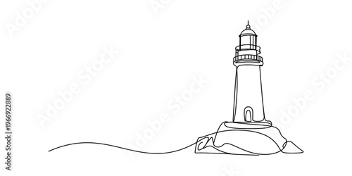 A continuous one line drawing of a tall lighthouse standing firmly on a rocky coastal cliff side Vector, illustration