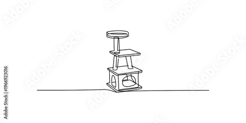 A simple continuous line drawing of a cat tree house furniture piece on a plain white background Vector, illustration