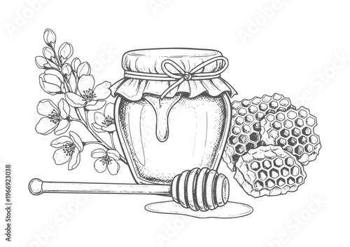 Hand drawn honey jar with dipper honeycomb and flowers