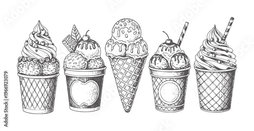 Hand drawn ice cream cones and cups with toppings and drizzles vintage