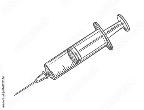 Hand drawn of a medical syringe with needle and plunger injection healthcare