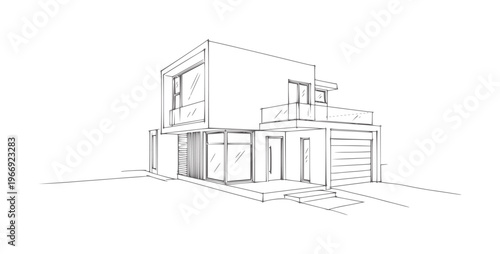 Hand drawn of a modern two story house with garage and balcony architecture building