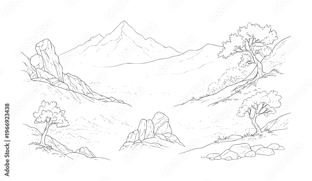 Obraz premium Line landscape with mountains trees and rocks nature