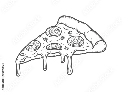 Hand drawn slice of pizza with melting cheese and tomato slices food handdrawn
