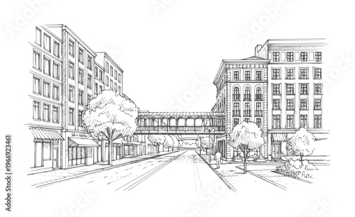 Of a city street with buildings and a skybridge architecture