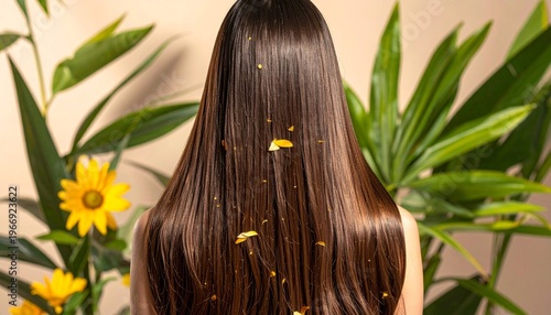 Back view of long healthy dark brown hair with scattered flower petals and green leaves.