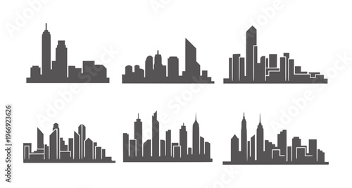 Six dark grey city skylines with varied building heights and shapes silhouette buildings