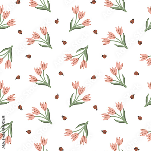 Seamless pattern with pink tulips and small red ladybugs, vector illustration.