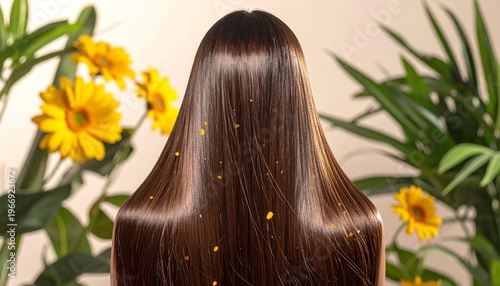Beautiful long shiny brown hair adorned with yellow flower petals and green leaves.