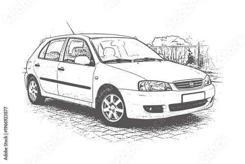 White hatchback car parked cobblestone street with wooden fence