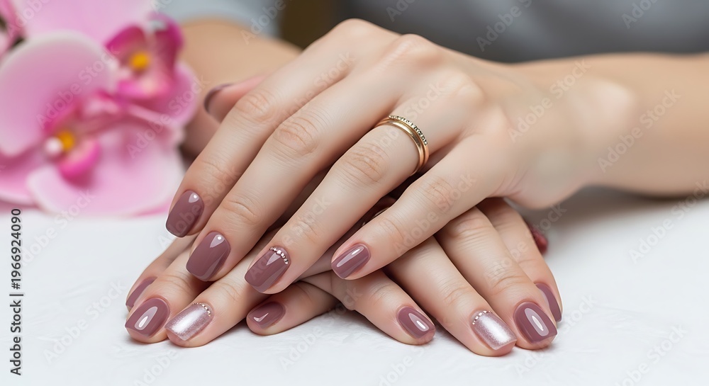 Fototapeta premium Womans hands with manicured nails and gold ring on white surface