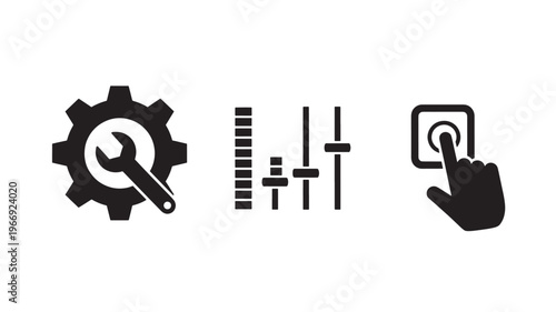 Settings Icons Gear Wrench Equalizer and Button Press for User Interface and Control Concepts