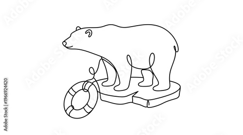 Polar Bear on Tiny Ice Floe With Life Ring, Save Them Concept, Continuous Line Art