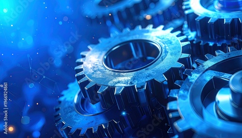 Close up of interlocking metal gears in a blue industrial setting.