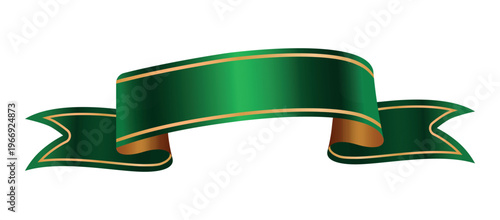 Green ribbon with gold edging. Green satin ribbon icon. Green ribbon. Realistic illustration of green satin ribbon icon for web design, luxury branding, certificates, or festive design elements. 