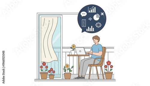 Man working on laptop at home office with flowers and data analysis