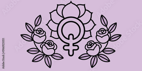 Female gender symbol with lotus flower and roses line on lavender background