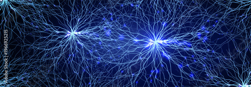 Neural Network Brain Neurone Synapse Connections Lightning Ball Energy Glow. Machine Learning Technology Background for AI Data Flow, BigData, Medical Science Research, Biotech. Vector illustration