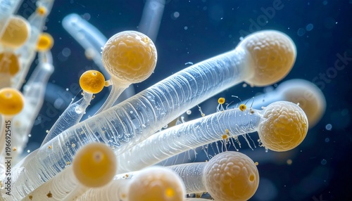 Detailed macro view of translucent tubular marine life with glowing spherical buds underwater.