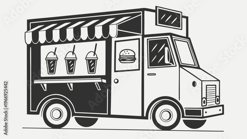 "A professional, high-resolution minimalist vector icon of a food truck, isolated on a light grey trasnparent background. The design is a solid black silhouette featuring a service window with a scall