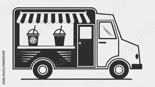 "A professional, high-resolution minimalist vector icon of a food truck, isolated on a light grey trasnparent background. The design is a solid black silhouette featuring a service window with a scall