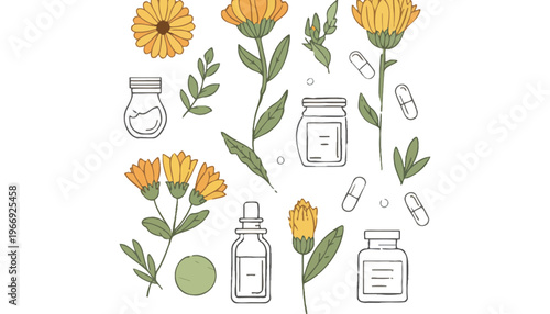 A flower herbal medicine illustration with bottles and pills