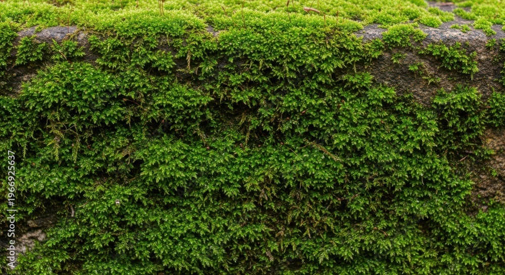 Obraz premium Vibrant green moss texture covering an old stone wall creating a beautiful natural background pattern