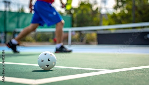 Close up of a pickleball on a green court with a player in the background during a game.