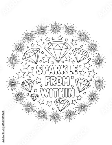 Adult coloring page with positive affirmations and diamonds for mindful relaxation isolated on transparent background