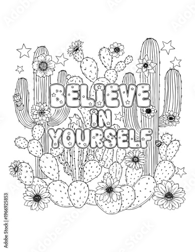 Adult coloring page with desert cacti and positive affirmations isolated on transparent background