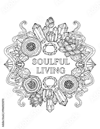 Affirmations coloring page for adults with crystals and flowers isolated on transparent background
