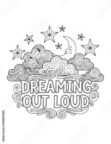 Affirmations coloring page for adults with dreaming out loud text and celestial elements isolated on transparent background