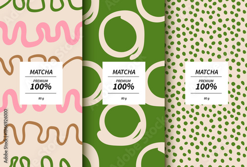 Premium matcha green tea packaging design templates with abstract hand-drawn doodle patterns. Set of product labels with pink and green seamless backgrounds for cosmetic, food or drink branding.