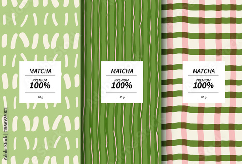 Premium matcha green tea packaging design templates with abstract hand-drawn doodle patterns. Set of product labels with pink and green seamless backgrounds for cosmetic, food or drink branding.
