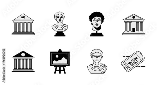 A versatile collection of vector line icons representing museums, art galleries, historical artifacts, and cultural experiences, ideal for educational and travel projects