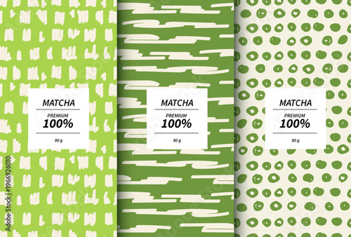 Premium matcha green tea packaging design templates with abstract hand-drawn doodle patterns. Set of product labels with pink and green seamless backgrounds for cosmetic, food or drink branding.