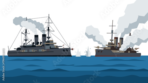Vivid Historical Naval Battle Illustration Depicting Two Mighty Warships Engaged in Fierce Combat at Sea, Amidst Explosions and Rising Smoke, Capturing a Dramatic Maritime Conflict Scene