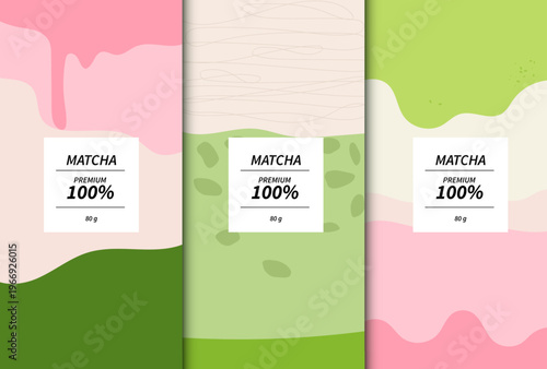 Premium matcha green tea packaging design templates with abstract hand-drawn doodle patterns. Set of product labels with pink and green seamless backgrounds for cosmetic, food or drink branding.