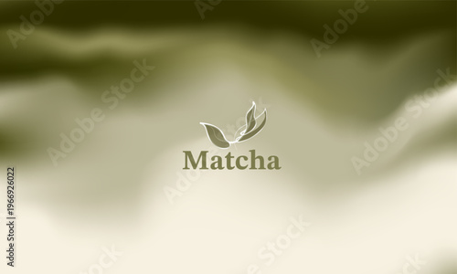 Abstract elegant matcha green tea background with minimalist leaf logo and typography. Smooth fluid gradient waves texture for organic nature branding, wellness packaging, or healthy drink backdrop.