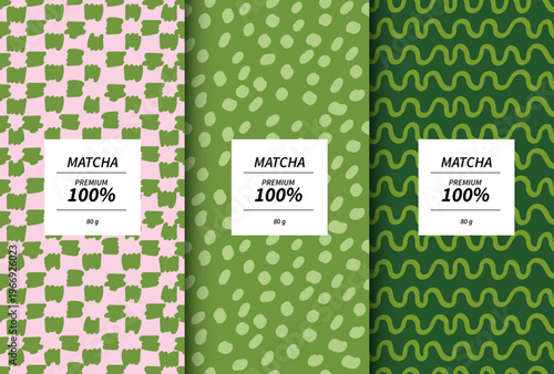 Premium matcha green tea packaging design templates with abstract hand-drawn doodle patterns. Set of product labels with pink and green seamless backgrounds for cosmetic, food or drink branding.