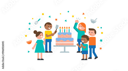 Cheerful group of diverse friends and family celebrating a memorable birthday party with a multi-tiered cake and colorful confetti, capturing the essence of joy and togetherness