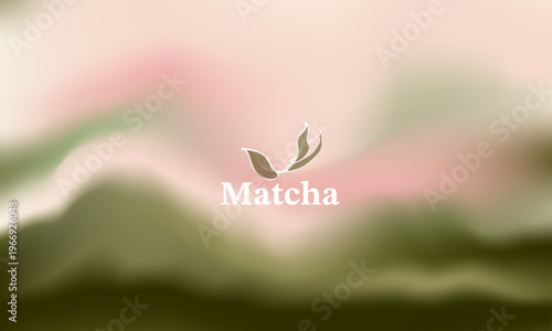 Abstract blurred pastel pink and olive green gradient background with minimalist Matcha tea leaf logo. Ideal for organic wellness brand identity, natural packaging, and calm zen backdrop illustration.