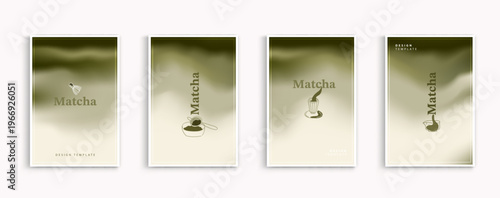 Matcha green tea abstract gradient poster design templates. Minimalist elegant covers with line art icons of chasen whisk, bowl and cup. Japanese traditional tea ceremony banners or flyer backgrounds.