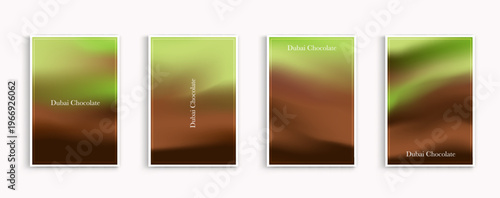 Dubai chocolate vector template set with smooth blurred gradient background in brown and pistachio green colors. Luxury abstract cover design for sweet dessert packaging, social media story, flyer.