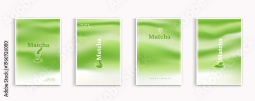 Matcha green tea vector design template set with blurred soft green gradient background and hand drawn line art icons. Minimalist cover illustration for cafe menu, drink packaging, poster and flyer.