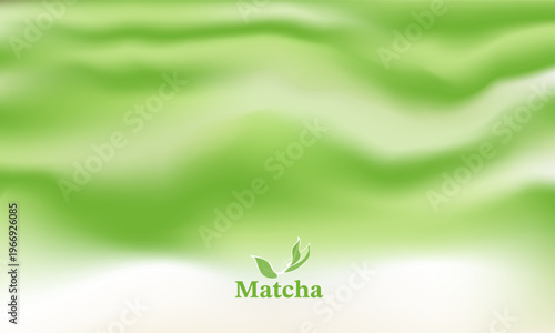 Matcha green tea abstract vector background with soft fluid wavy gradient texture and leaf icon. Minimalist creamy milk mix illustration for organic drink packaging, healthy cafe menu or poster.