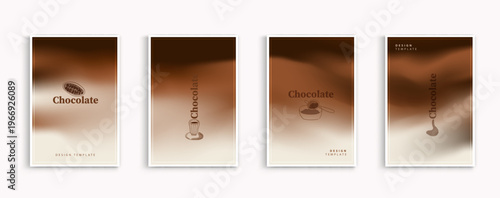 Minimalist chocolate design template set with blurred brown gradient background and hand drawn line art cocoa icons. Vector cover illustration for cafe menu, bakery packaging, poster, flyer and story.