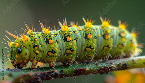 Detailed Macro View of a Vibrant Green Spiky Caterpillar on a Twig.