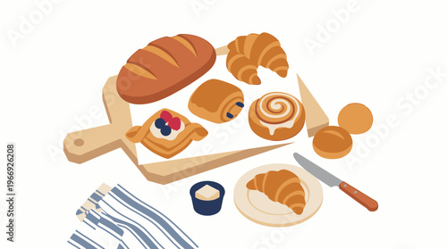 Golden croissants, rustic bread, sweet cinnamon rolls, and fruit pastries a fresh baked breakfast spread on a wooden board